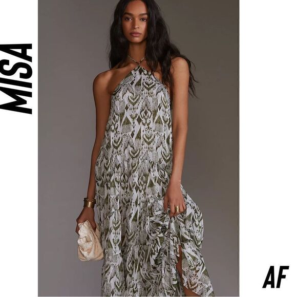 ANTHROPOLOGIE BY MISA PRINTED HALTER MIDI DRESS NWT IN MOSS XS - Picture 3 of 11